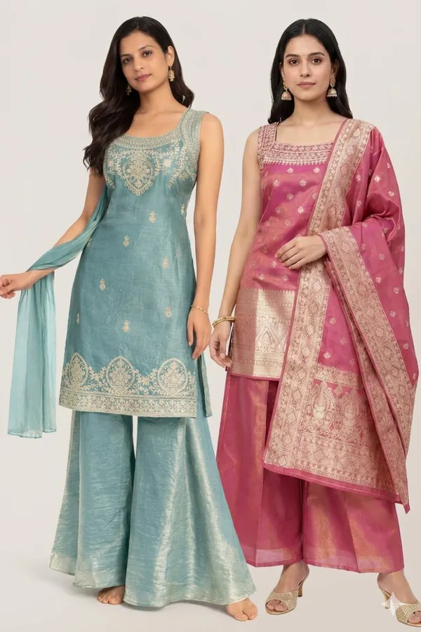 Pink_And_Teal_Green_Mixed_Cotton_Kurta_Palazzo_Set_With_Dupatta_For_Women_Pack_Of_2