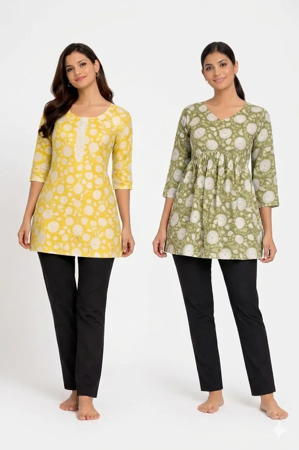 Olive_Green_And_Yellow_Mixed_Cotton_Kurti_Top_For_Women_Pack_Of_2