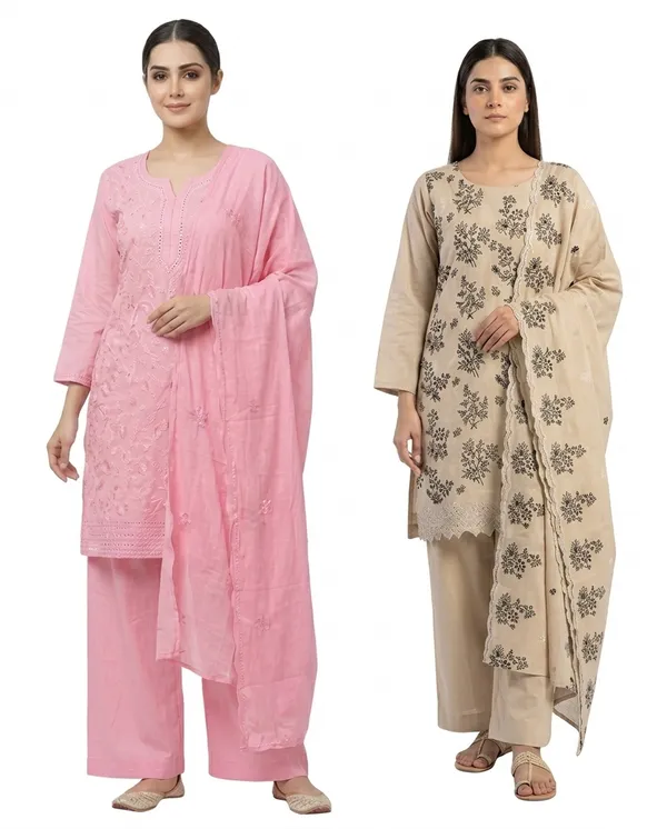Beige_And_Pink_Mixed_Cotton_Kurta_Set_With_Dupatta_For_Women_Pack_Of_2