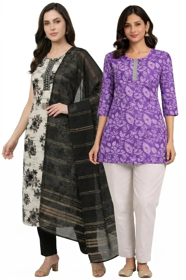 Purple_And_Off_White_Mixed_Cotton_Straight_Kurti_And_Kurta_Set_For_Women_Pack_Of_2