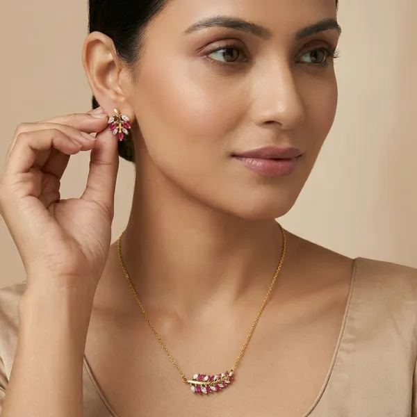 Ruby_And_Diamond_Studded_Leaf_Design_Necklace_Set_With_Earrings