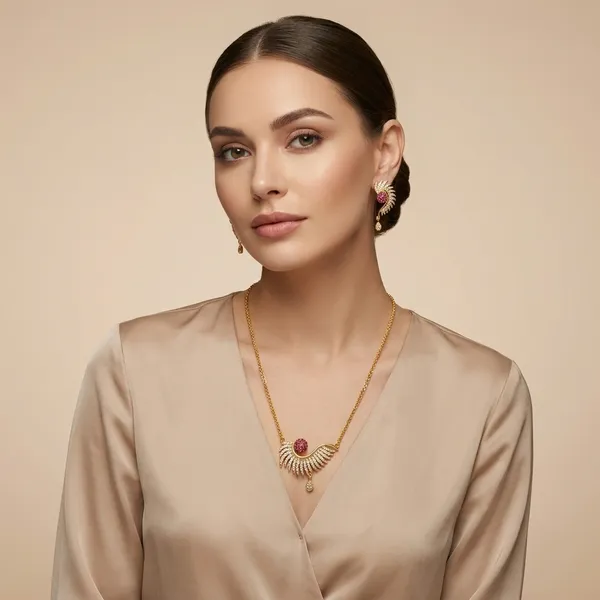 Golden_Peacock_Necklace_Set_With_Ruby_Stones_And_Matching_Earrings