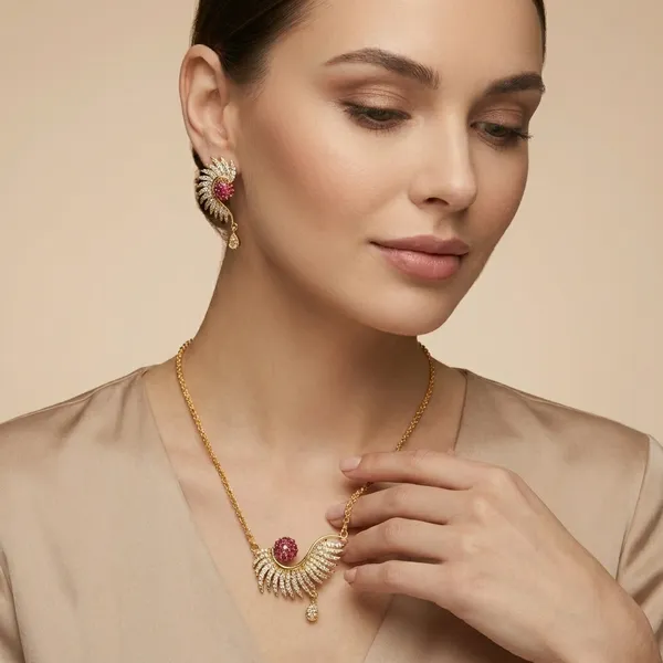 Golden_Peacock_Necklace_Set_With_Ruby_Stones_And_Matching_Earrings