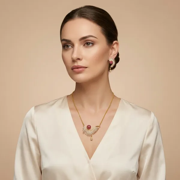 Gold_Toned_Wing_Design_Pendant_Necklace_Set_With_Earrings