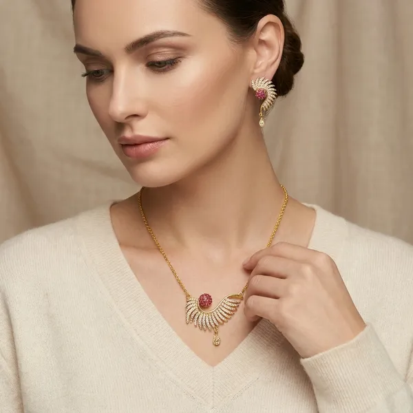 Gold_Toned_Wing_Design_Pendant_Necklace_Set_With_Earrings
