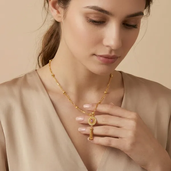 Gold_Tone_Chain_Necklace_With_Circular_Pendant_And_Pearl_Drop
