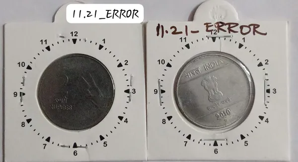 India_-_2010_-_2_Rupees_Mudra_Hyderabad_Mint_11_Oclock_Rotation_Error_Coin_Used_-_Pack_of_2
