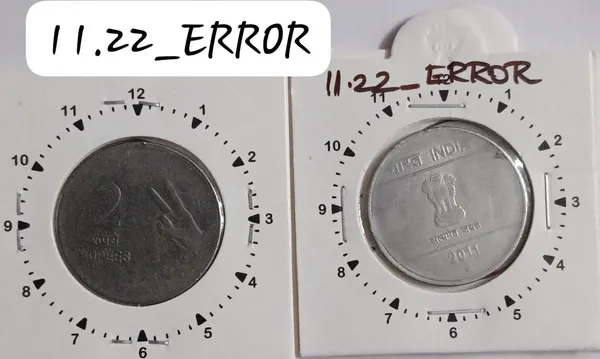 India_-_2011_-_2_Rupees_Mudra_Hyderabad_Mint_11_Oclock_Rotation_Error_Coin_Used_-_Pack_of_2