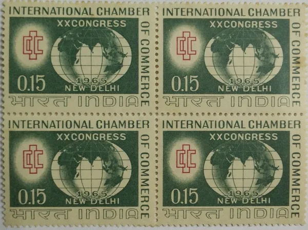 India_-_08_Feb_1965_International_Chamber_of_Commerce_20th_Congress,_New_Delhi,_Organization,_Globe,_Event,_Trade,_15_P_(Block_of_4_Stamp)_-_MNH_-_Pack_of_2