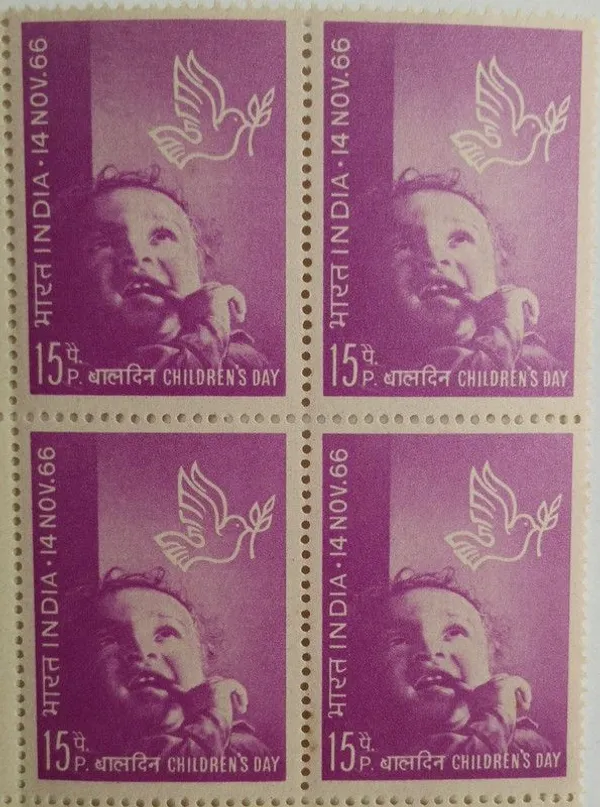 India_-_14_Nov_1966_Childrens_Day,_Child,_Dove,_Leaf,_Hand,_15_P_(Block_of_4_Stamps)_-_MNH_-_Pack_of_2