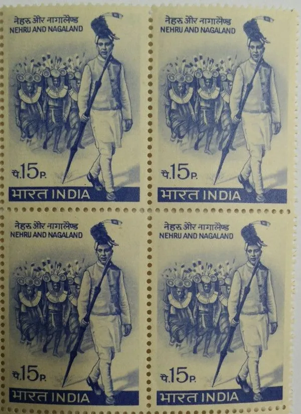 India_-_1967_-_Nehru_Nagaland_Personality,_Naga_Tribesmen,_Headgear,_Costume,_Freedom_Fighter,_Prime_Minister,_Indian_National_Congress,_Spear,_15P_(Block_Of_4_Stamp)_-_MNH_-_Pack_of_2