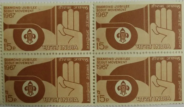 India_-_1967_-_Diamond_Jubilee-Scout_Movement_Scout,_Emblem,_Bugle,_Badge,_Scout_Salute,_15P_Block_of_4_Stamp_-_MNH_-_Pack_of_2
