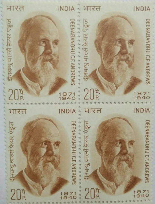 India_-_1971_-_C_F_Andrews_Personality,_Social_Reformer,_Pastor,_Educationist,_Mahatma_Gandhi,_20_P_Block_of_4_stamp_-_MNH