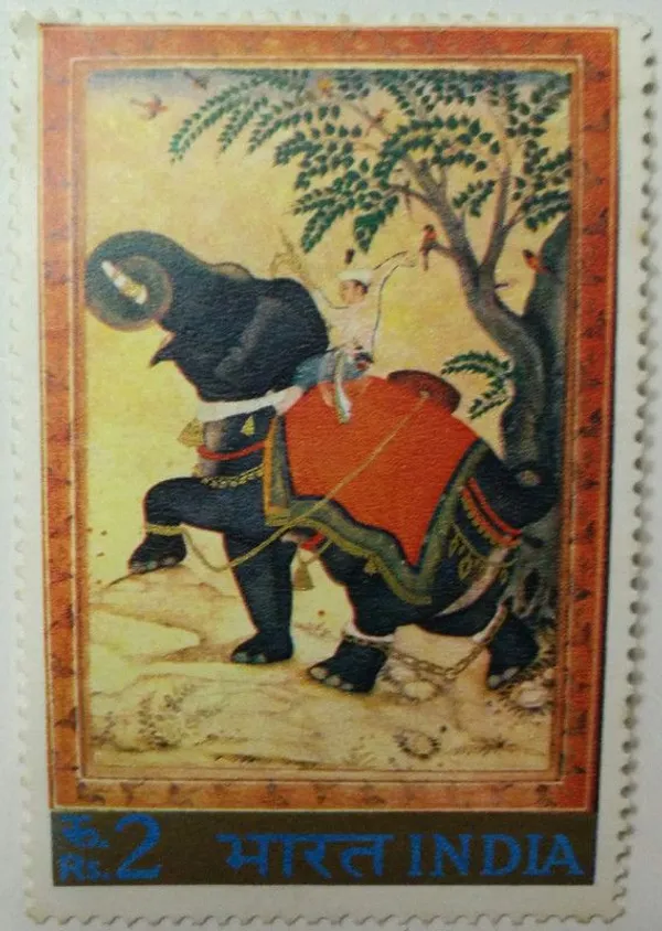 India_-_1973_-_Indian_Miniature_Paintings_-_Taming_of_Elephant._Painting,_-_Pack_of_2