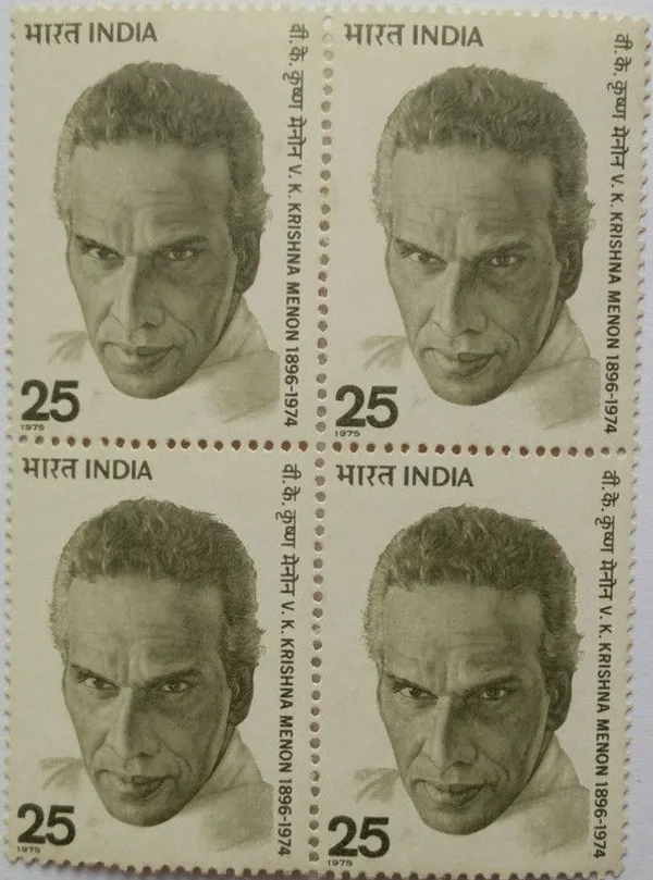 India_-_1975_-_V._K._Krishna_Menon._Personality,_Nationalist,_Diplomat,_Politician,_Statesman,_Indian_National_Congress,_25_P._(Block_of_4_stamp)_-_MNH_-_Pack_of_2