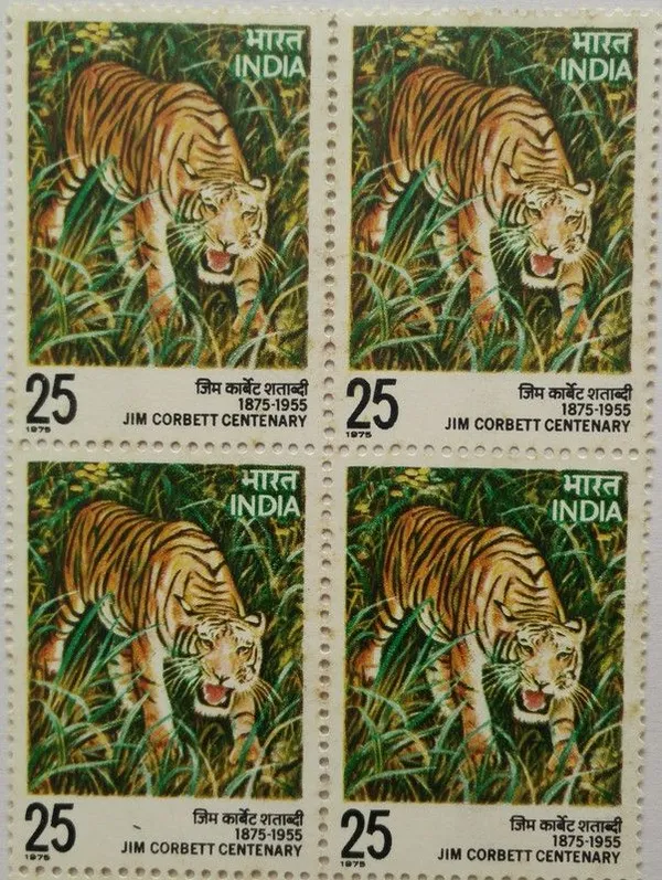 India_-_1976_-_Jim_Corbett_Birth_Centenary._Personality,_Hunter,_Conservationist,_Author,_Naturalist,_Tiger,_Wild_Life,_25_P._(Block_of_4_stamp)_-_MNH_-_Pack_of_2