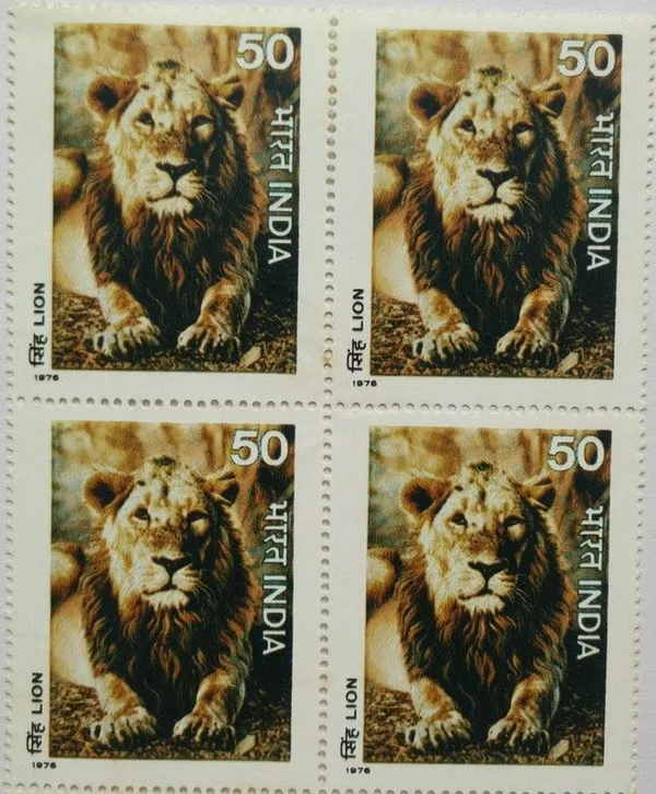 India_-_1976_-_Wild_Life_-_Lion._Wild_Life,_Panthera_Leo,_Big_Cat,_50_P._(Block_of_4_stamp)_-_MNH