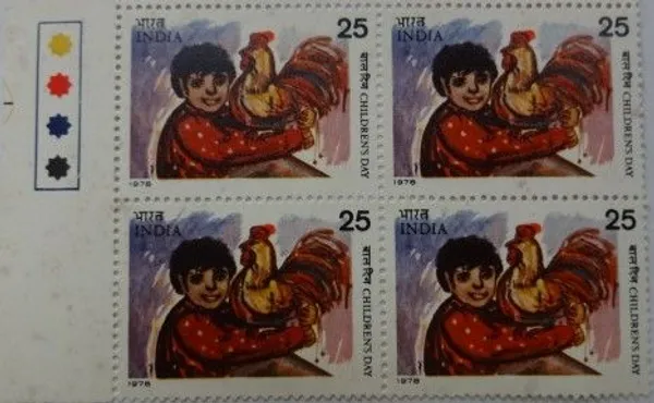 India_-_1978_-_Childrens_Day,_Painting,_Boy,_Rooster,_25_P_(Block_of_4_TL_Stamp)_-_MNH_-_Pack_of_2
