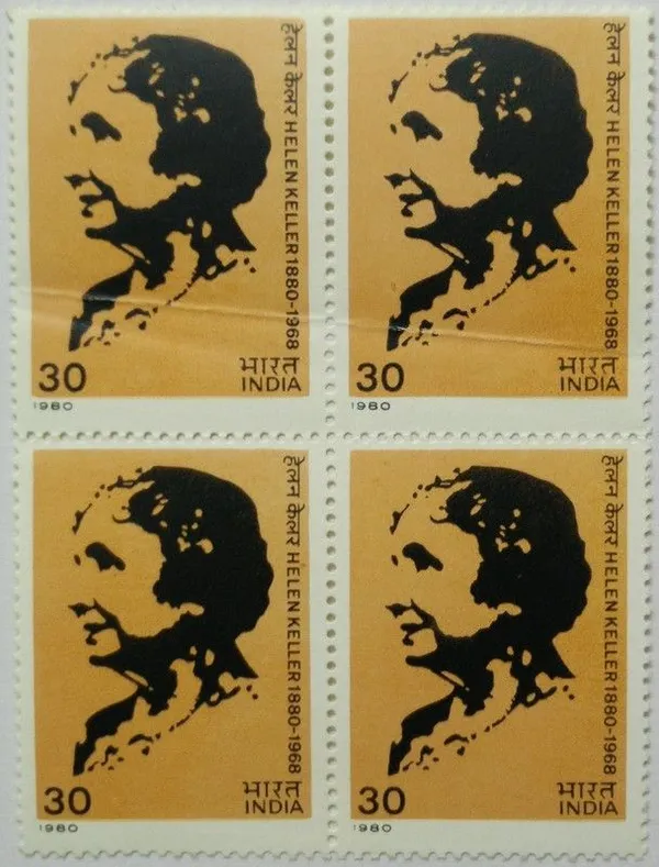 India_-_1980_-_Helen_Keller._Personality,_Author,_Political_Activist,_Lecturer,_Campaigner_for_The_Handicapped,_30P._(Block_of_4_stamp)_-_MNH_-_Pack_of_2