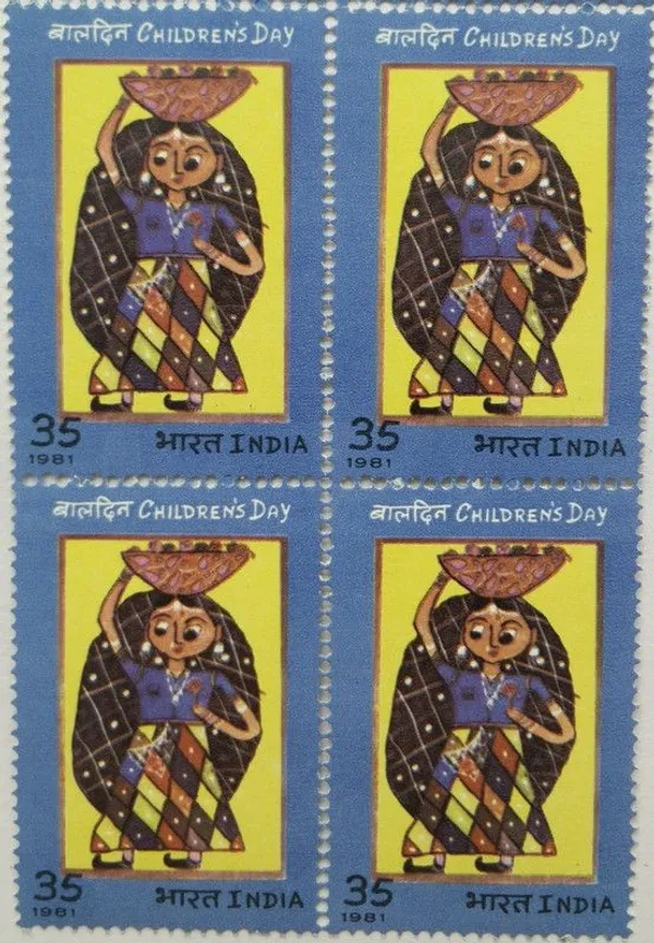 India_-_1981_-_Childrens_Day,_Painting,_Toy_Seller,_35_P_(Block_of_4_stamp)_-_MNH_-_Pack_of_2