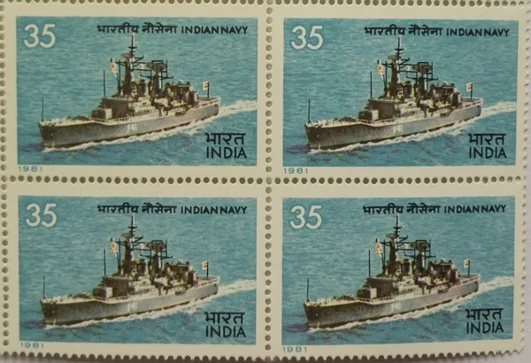 India_-_1981_-_Indian_Navy_Day._Navy,_Defence,_I.N.S._Taragiri,_Frigate,_Sea,_35_P._(Block_of_4_stamp)_-_MNH_-_Pack_of_2