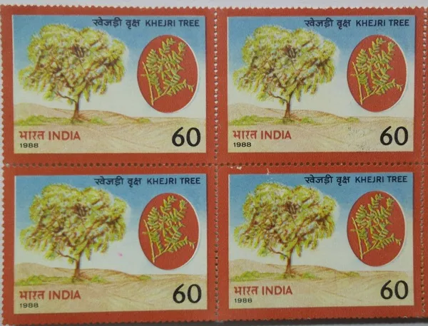 India_-_1988_-_Khejri_Tree_Flowering_Tree,_Prosopis_Cineraria,_Loong_Tree,_Sami,_Shami,_Sumri_60_P._Commemorative_(Block_of_4_stamp)_-_MNH