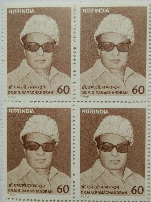 India_-_1990_-_Dr_M_G_Ramachandran_Personality,_Film_Actor,_Director,_Producer,_Politician,_Chief_Minister_(Block_of_4_Stamp)_-_MNH