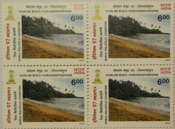 India_-_1997_-_INDEPEX97_International_stamp_Exhibition,_New_Delhi_Beacher_of_India,_Kovalam,_Thiruvananthapuram,_Kerala_(Block_of_4_stamp)_-_MNH