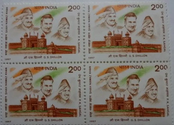 India_-_1997_-_INA_Stalwarts_Indias_Struggle_for_Freedom_Three_stalwarts_G_S_Dhillon,_PK_SAHGAL_SHAH_NAWAZ_Khan_(Block_of_4_stamp)_-_MNH