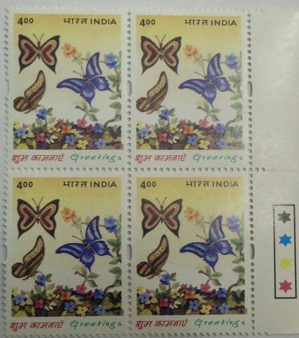 India_-_2001_-_Butterflies_Greetings_Block_of_4_TL_Stamp_-_MNH_(Face_value:per_stamp)