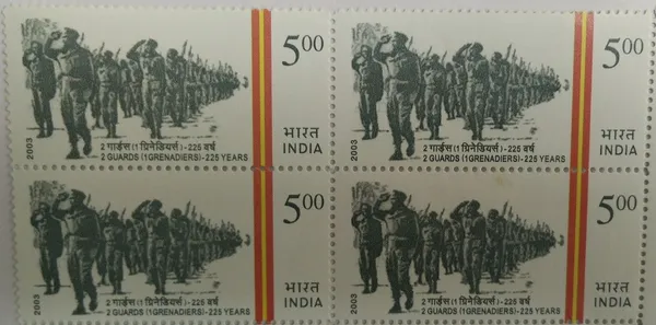 India_-_2003_-_2_Guards_1_Grenadiers_-_225_Years,_Defence,_Block_of_4_Stamp_-_MNH