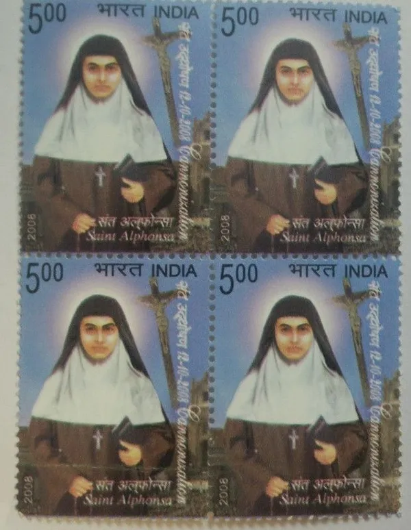 India_-_12_Oct_2008_Canonization_of_Saint_Alphonsa,_(Block_of_4_Stamps)_-_MNH