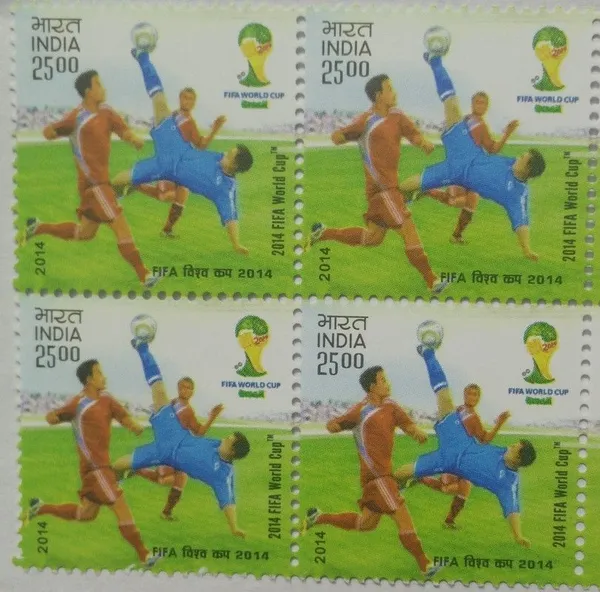 India_-_Fifa_World_Cup_2014_Sports,_Football,_Association,_Tournament,_Kick_Shot,_Emblem(Block_of_4_Stamp)_-_MNH