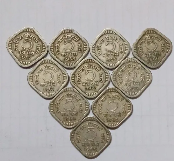 India_-_1957-1966_-_5_Paise_SET_OF_10_Coins_Used