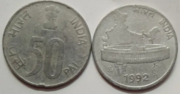 India_-_1992_-_50_Paise_MAP_Used_1No_Kolkata_Mint_-_Pack_of_2