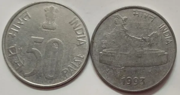 India_-_1993_-_50_Paise_Map_-Used_1_No_Kolkata_Mint_-_Pack_of_2