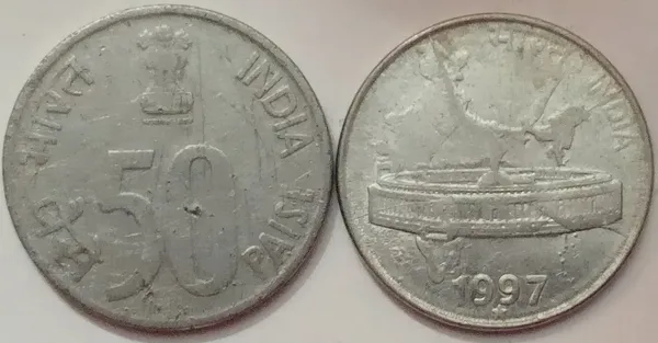 India_-_1997_-_50_Paise_Map_Used_1_No_Hyderabad_Mint_-_Pack_of_2