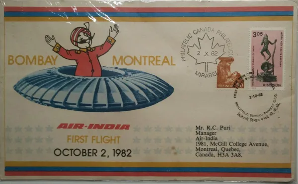 India_-_First_Flight_Cover_-_02-10-1982_-_Bombay-Montreal_Single_Flight_Cover
