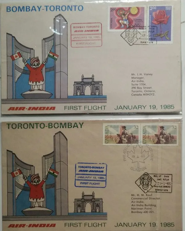 India_-_First_Flight_Cover_-_19-01-1985_-_Bombay-Toronto-Toronto-Bombay_Set_of_2_Flight_Covers