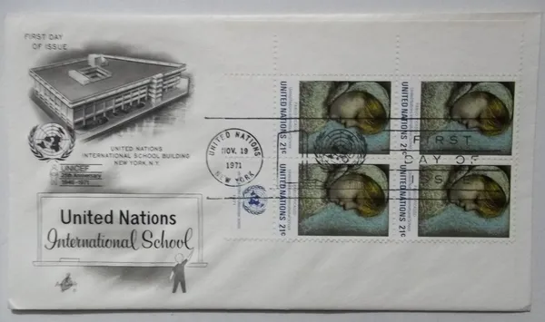 United_Nations_-_Foreign_FDC_-_19-11-1971_-_United_Nations_International_School_blk_4_stamp_(2)