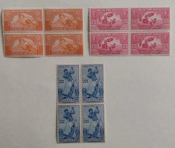 India_1950_-_Healthy_Set_of_3_(Block_of_4)_-_Stamp_-_MNH