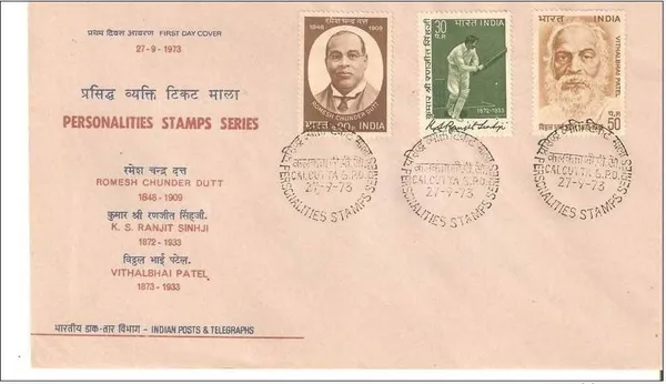 INDIA_-_FDC_-_27-09-1973_-_Ramesh_Chunder_Dutt(historian)_k_s_ranjitsinhji(cricketer),_vithalbhai_Patel(freedom_Fighter)_-_Pack_of_2
