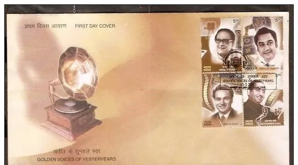 INDIA_-_FDC_-_2003_-_15_May_2003_Golden_Voices_Of_Yesteryears_Kishore_Kumar,_Mukesh,_Mohd_Rafi_Hemant_Kumar