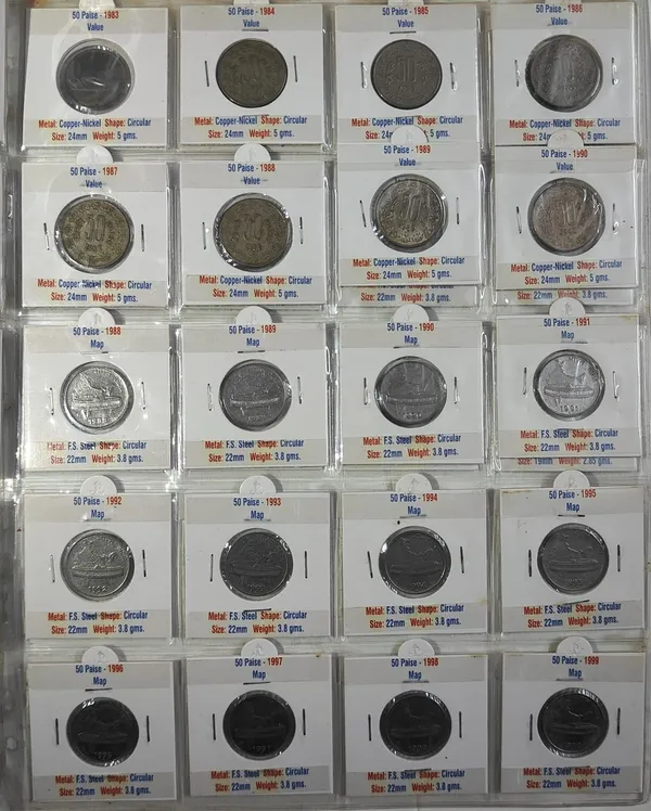 India_50_Paise_Coin_Year_Set_Collection_with_Coin_Holder_With_Sticker_(1960-2015)_1983_Missing(48_Coins)