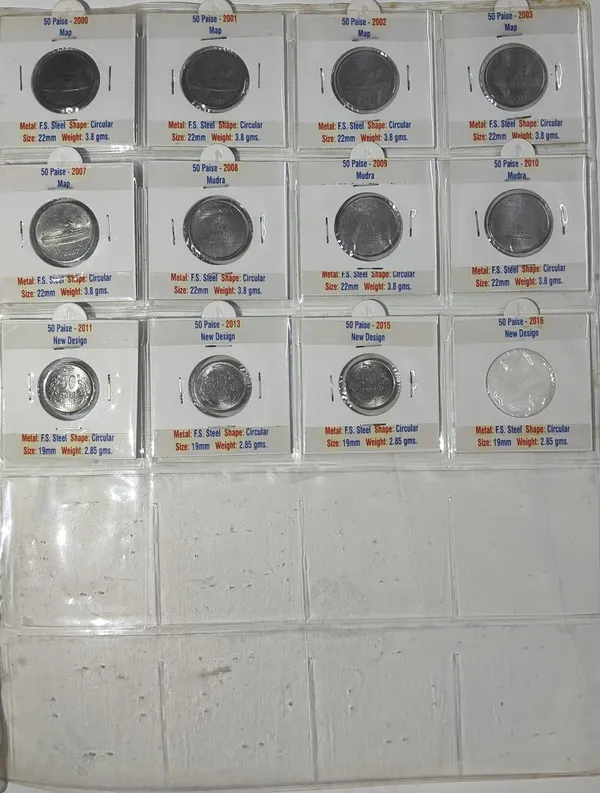 India_50_Paise_Coin_Year_Set_Collection_with_Coin_Holder_With_Sticker_(1960-2015)_1983_Missing(48_Coins)
