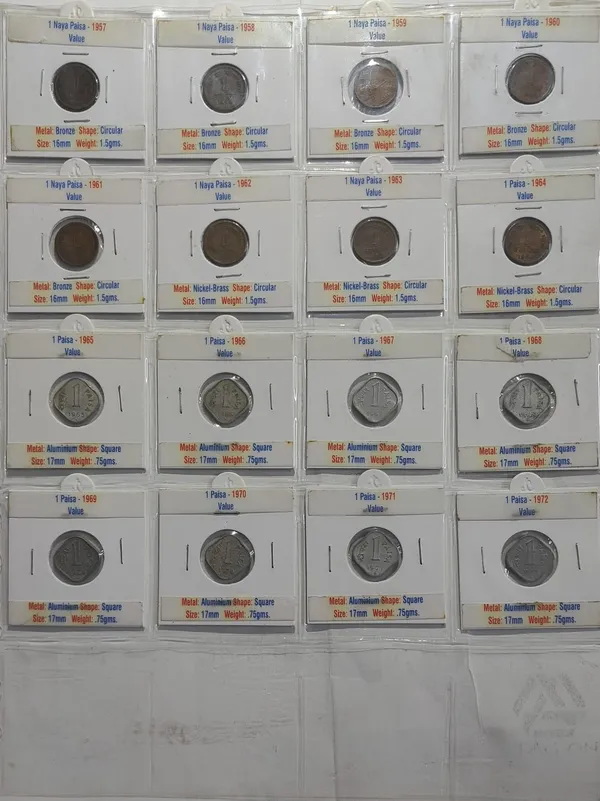 India_-_1957-1972_-_Republic_1_Naya_Paisa_/_1_Paisa_Complete_Year_Set_in_Coin_Holders_Bronze,_Nickel-Brass_Aluminium_Coins_16_Coins_Collection