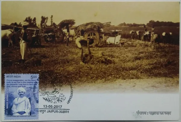 Champaran_Satyagraha_Centenary_Maximum_Card._Collectible_item_(Stamp_issue:_2017;_face_value:)_-_Pack_of_3
