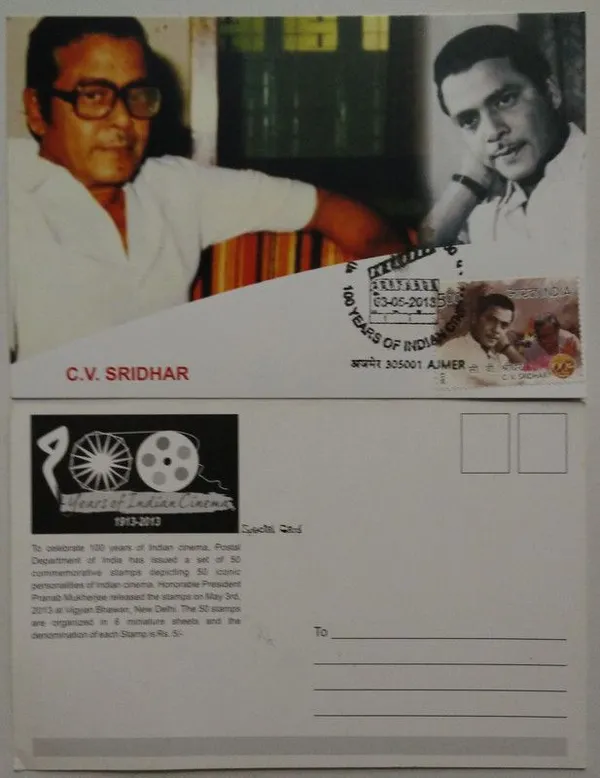 India_-_C_V_Sridhar_100_Years_of_India_n_Cinema_Maximum_Card._Collectible_item_(Stamp_issue:_2013;_face_value:)_-_Pack_of_3