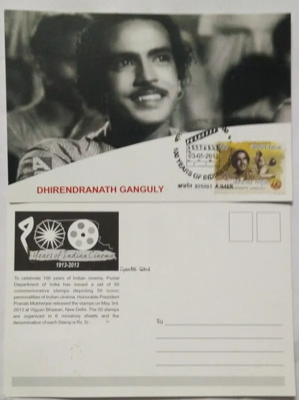 Dhirendranath_Ganguly_100_Years_of_Indian_Cinema_Maximum_Card._Collectible_item_(Stamp_issue:_2013;_face_value:)_-_Pack_of_3