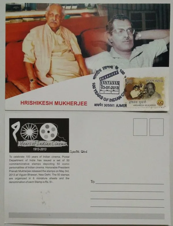 Hrishikesh_Mukherjee_(100_Years_of_Indian_Cinema)_Maximum_Card_(Stamp_issue:_2013;_face_value:)_-_Pack_of_3